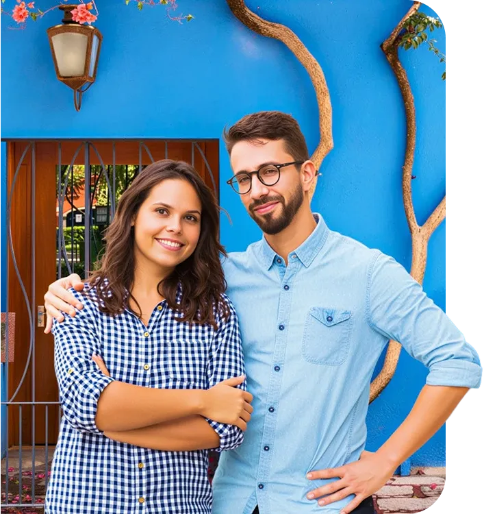 Dos personas abrazadas con un inmueble azul de fondo