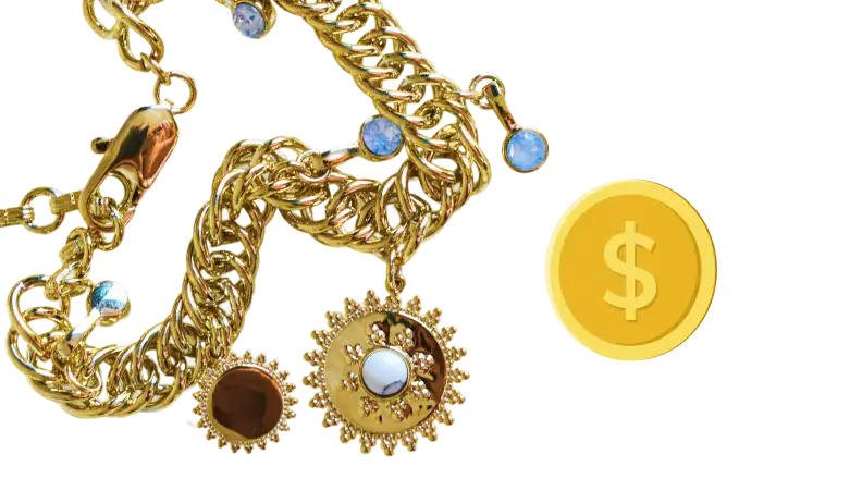 Pulsera de oro con dijes y moneda ideal para casa de empeño